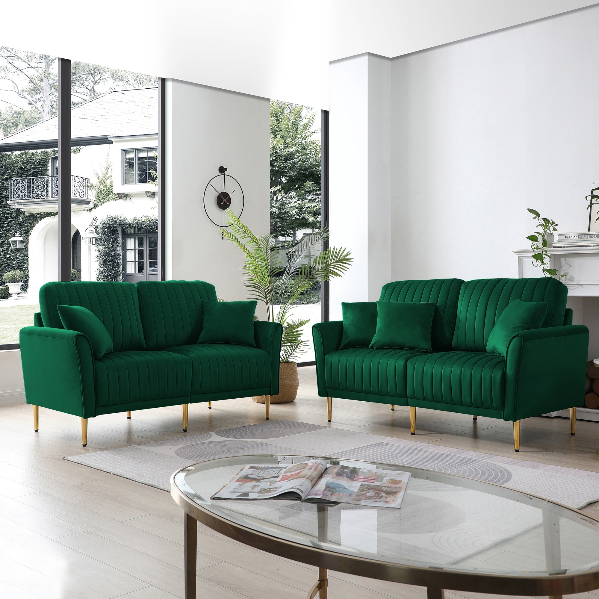 Luxurious Velvet Sofa Set with Tufted Cushions 2 Loveseat 4 Pillows Green
